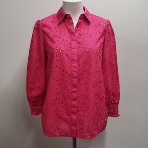 Chico's Eyelet Embroidered Women's Shirt 3/4 Sleeve Buttonef Front Size 0 = US 4